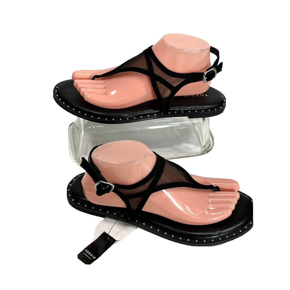 Torrid Mesh T Strap Thong Sandals‎ Sz 8.5 W Wide Black Studded Ankle Strap